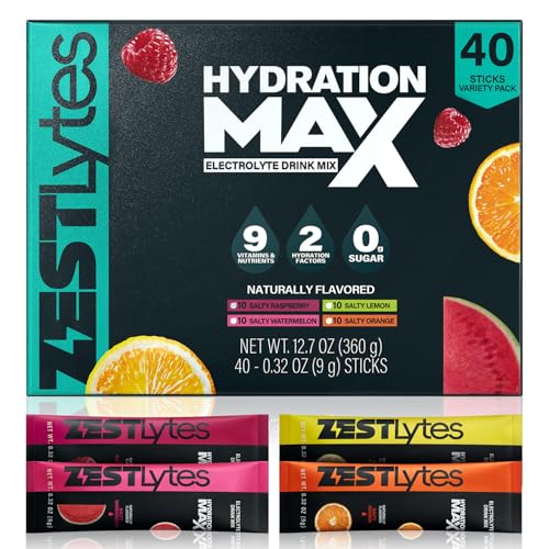 ZestLytes Salty Fruit Flavor Sugar Free Electrolyte Hydration Packets, 40 Sticks Electrolyte Powder Drink Mix, Liquid Dail...