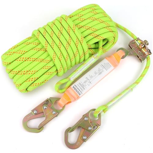 Rope Harness Safety Lanyard 50FT Fall Protection Vertical Roofing Rope with Grab Snap Hooks Shock Absorber Safety Ropes Tr...