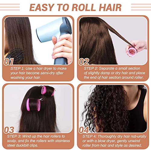 Self Grip Hair Rollers Curlers Set - 24 Pieces with 3 Sizes (4 Jumbo, 4 Large, 4 Medium) and 12 Clips for Volume on Long, ...