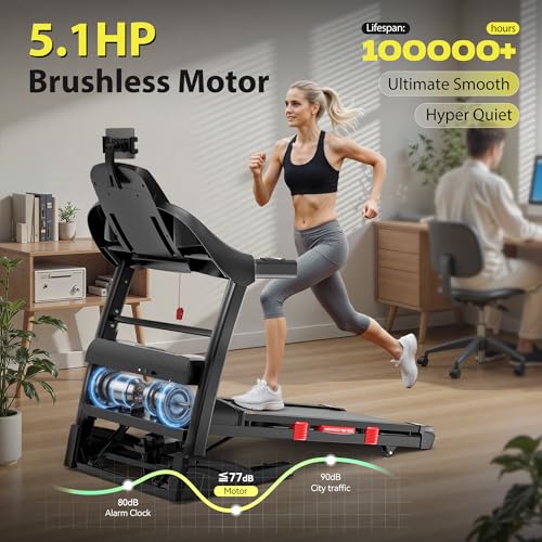 Treadmill with 15% Auto Incline 400lbs Capacity, 5.1HP Folding Treadmill Running Machine for Home with Safety Handle, 0.6-...