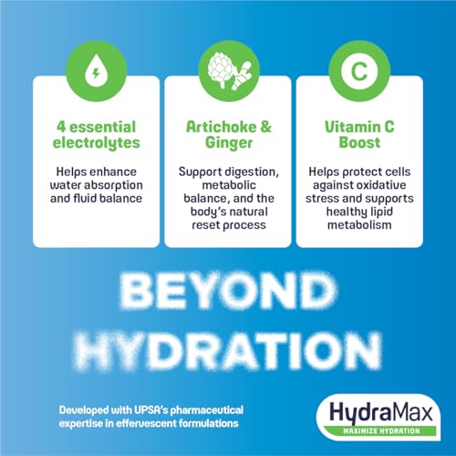 Upsa Hydramax, Hydration+Detox 16 Tablets, 4 Electrolytes, Artichoke & Ginger Extracts + Vitamin C for Natural Detox Support