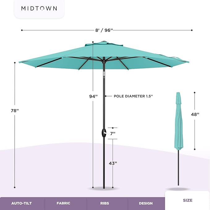 Midtown Umbrellas Sunbrella Umbrella 8 Feet Outdoor Umbrella With Sunbrella Forest Green Acrylic Fabric - Auto-Tilt Aluminum Frame Patio Umbrella For Backyard, Deck, Garden, Pool - Black Pole