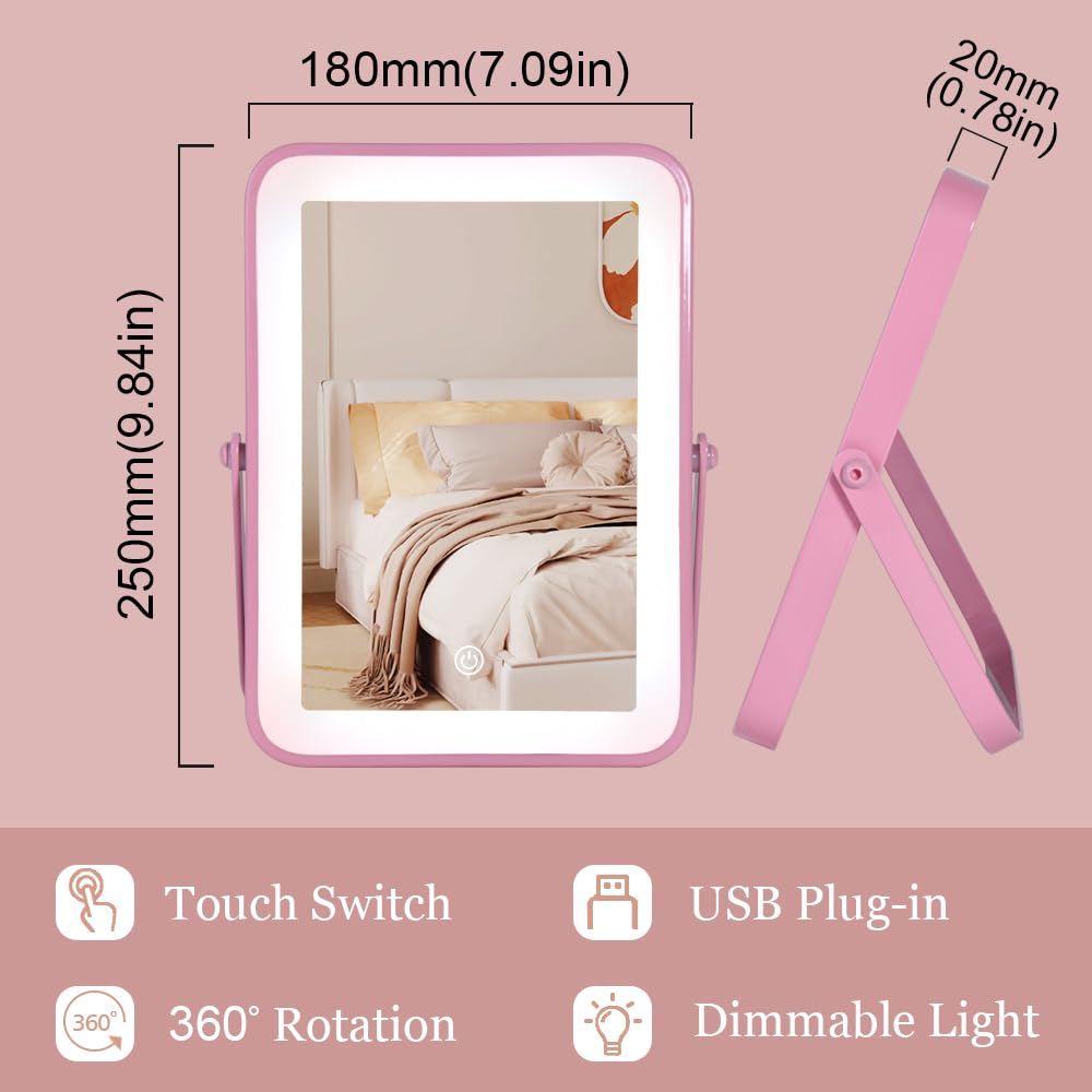 YEKKOPT Pink Rechargeable Vanity Mirror with Lights, 10  7 LED Makeup Mirror with Lights, Smart Touch Control Dimmable 3 Modes L