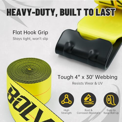 Bolvixor 4 Pack 4" x30' Winch Straps with Flat Hooks, 16200LBS Break Strength Heavy Duty Tie Down Straps for Flatbed Truck...