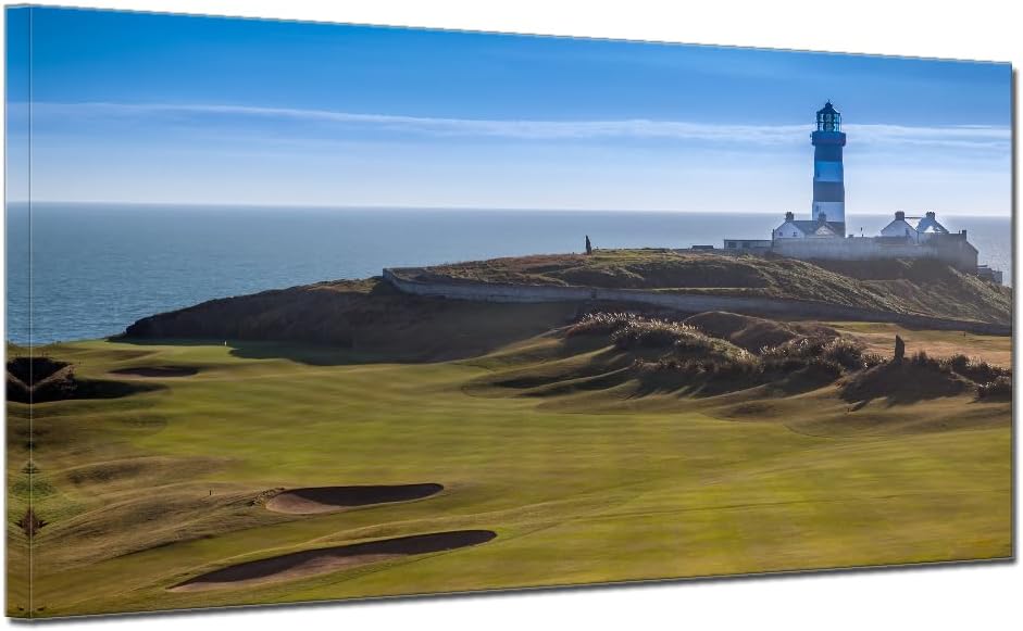 Lighthouse Golf Pictures Landscape Panoramic Picture Office Home Decor Sport Themed Landmark Golfing Field for Living Room Wall Art Framed Large Size 24x48inch