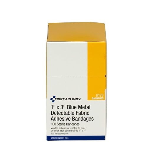 First Aid Only H175 Blue Metal Detectable 1 x 3 Fabric Adhesive Bandages, Box of 100