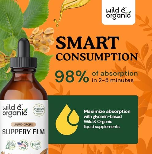 Wild & Organic Slippery Elm Liquid Drops - Lung, Digestive & Women's Support - Slippery Elm Bark Extract Tincture - Ulmus Rubra Supplement - Vegan, Sugar & Alcohol-Free - 4 fl oz