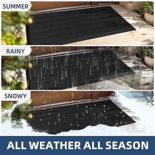 Mibao Front Door Mat Entrance, Waterproof All Weather All Season Non-Slip Rubber Welcome Mat, Dirt Trapper Low-Profile Hea...