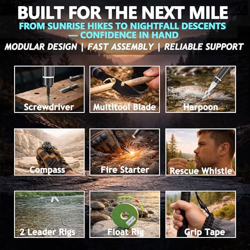 Aluminum Tactical Hiking Stick, 8-Section Adjustable Walking Staff with Accessory Storage, Modular Trekking Pole Kit for H...