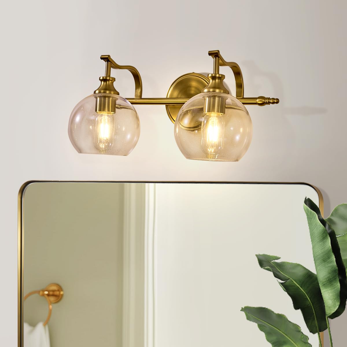 Andy Star 2 Light Bathroom Vanity Light  Brushed Gold Bathroom Light Fixtures  Wall Lighting With Clear Globe Glass Shades  Brass Wall Sconce For Living Room  Bedroom  Hallway