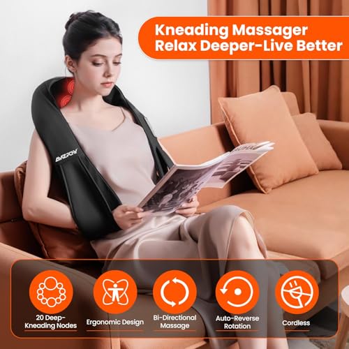 AMZPONY® Cordless Neck Massager for Pain Relief Deep Tissue, Rechargeable Shiatsu Neck and Back Massager with Heat Kneadin...