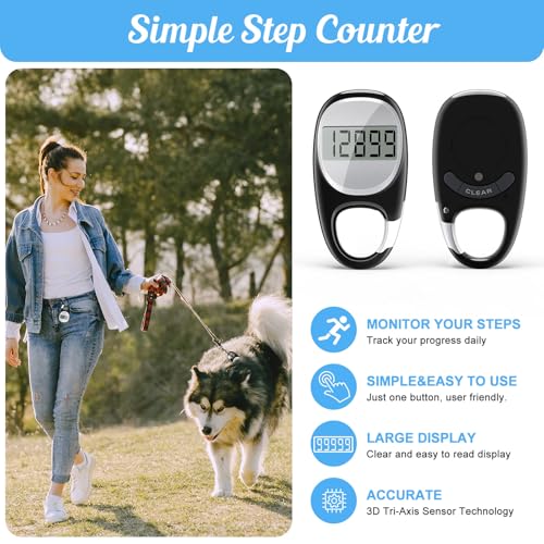 Simple Pedometer for Walking, Accurate Step Tracker with Carabiner, 3D Step Counter for Men Seniors