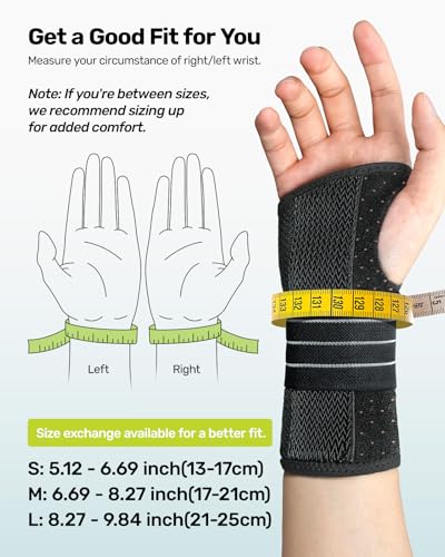Rakiie Carpal Tunnel Wrist Brace, Adjustable Night Wrist Support with 3 Metal Splints, Hand Brace for Men Women No Pressur...