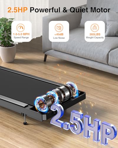 Walking Pad Treadmill with Handle Bar, 2.5 HP Portable Compact Under Desk Treadmills, 5.0 Speed Walking Pad with App, Smal...