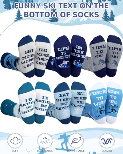 Maiteenly 6 Pairs Funny Ski Crew Socks Novelty Skiing Gift Socks Winter Snowboarding Gift for Ski Lovers Skiers Men Women