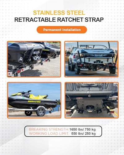 Strapinno 2PCS Stainless Steel Retractable Ratchet Straps (1 7/8 in x 4 ft) Transom Tie Downs for Boat Trailer - Extra Mou...