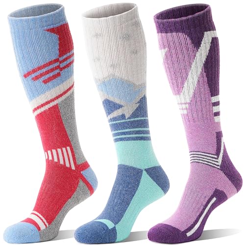 3 Pairs Merino Wool Ski Socks Thermal Warm Winter Thick Knee High Snowboarding Skiing Socks for Women Men
