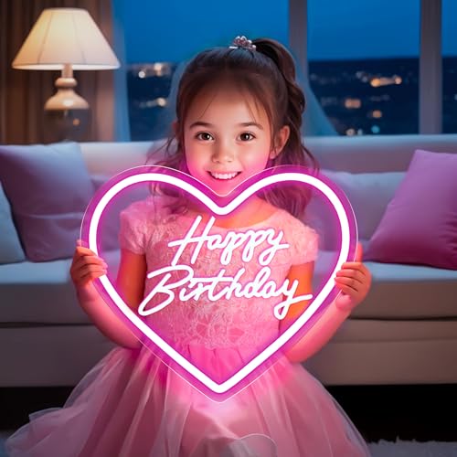 cxfyddp Happy Birthday Neon Sign, Pink, 13.7" x 12.5", LED, USB Powered, Dimmable Switch