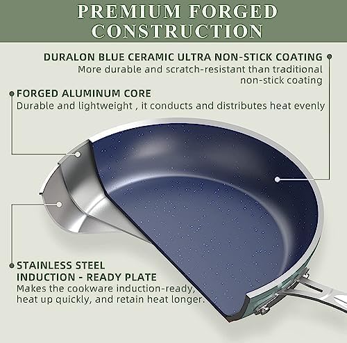 Nuwave 7pc Cookware Set Healthy Duralon Blue Ceramic Nonstick Coated, Diamond Infused Scratch-Resistant, PFAS Free, Oven Safe, Induction Ready & Evenly Heats, Tempered Glass Lids & Stay-Cool Handle