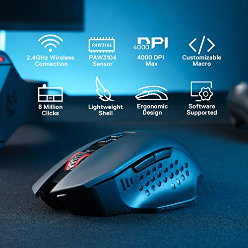 Redragon M656 Gainer Wireless Gaming Mouse, 4000 DPI 2.4Ghz Wireless Mouse w/ 5 DPI Levels, 7 Macro Buttons, Red LED Backl...
