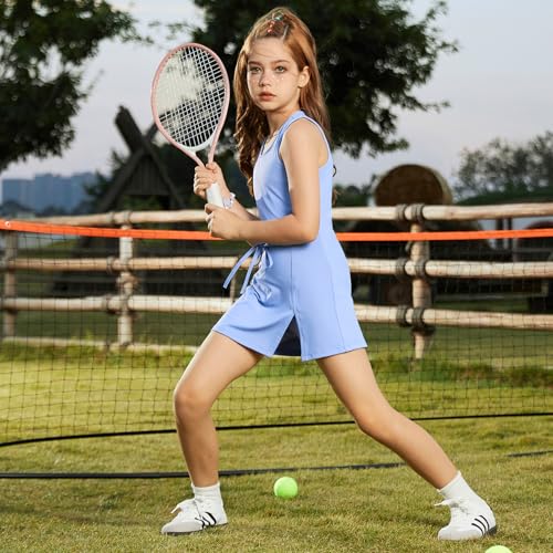 Girls Sleeveless Tennis Dress Tank Top Skorts Skirts High Waist Side Slit Outfit Athletic Sets with Shorts Pockets