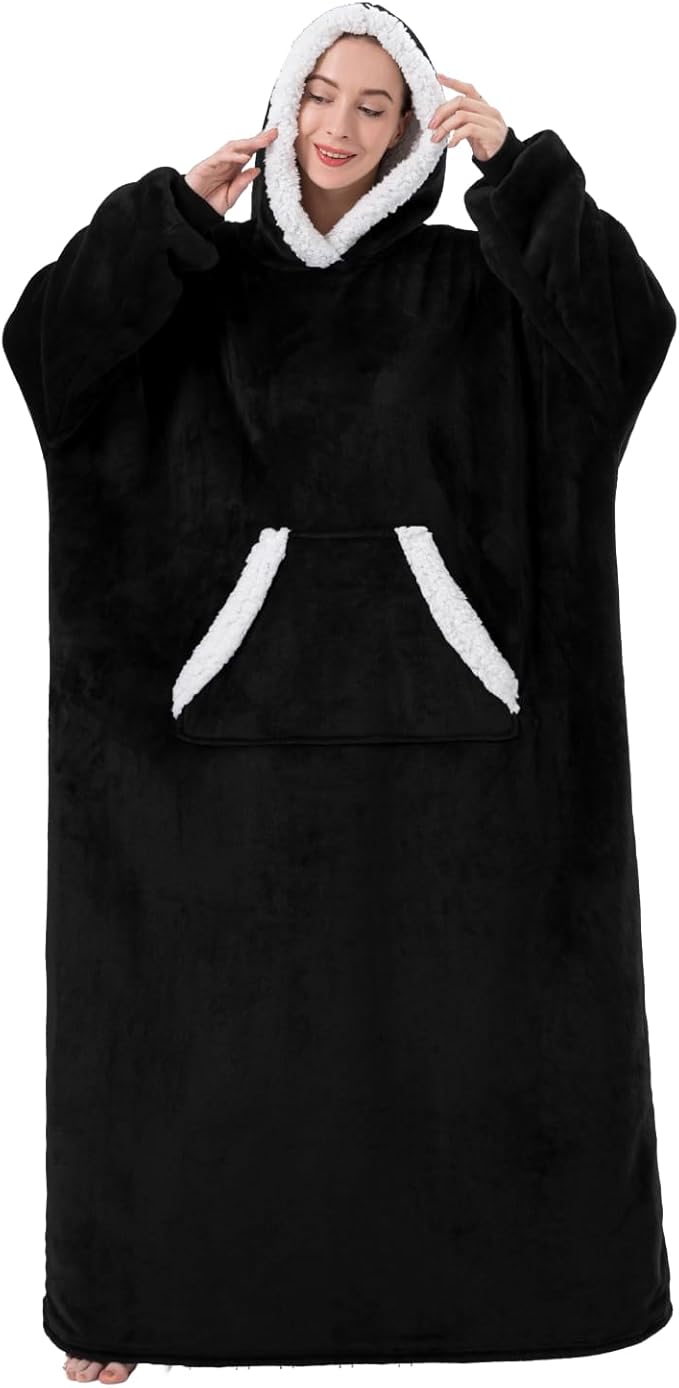 Sioloc Wearable Blanket Hoodie for Women/Kids/Men, Oversized & Cozy Sherpa Lined Hoodie Sweatshirt Blanket(Black,Oversized)