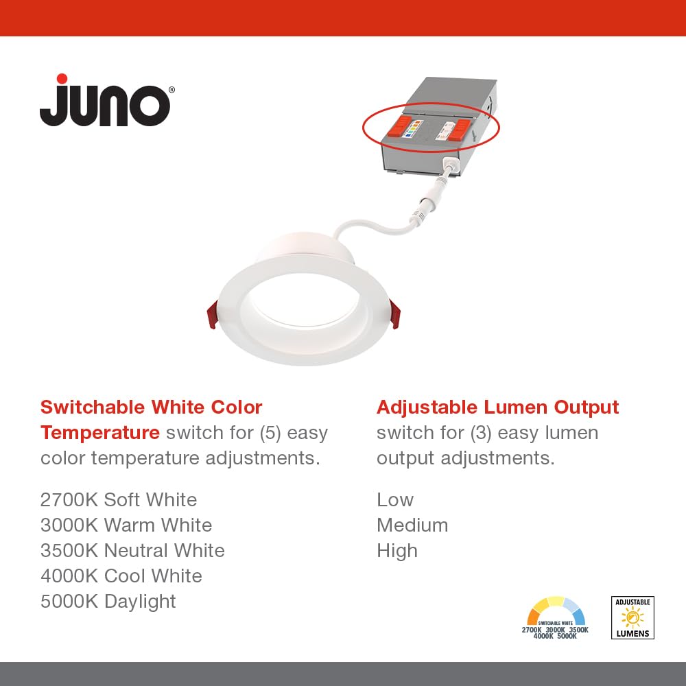 Juno LED Recessed Lights 6 Inch Round Wafer Downlight, 5-in-1 Switchable White Color Temperature, Adjustable Brightness, Deep Regressed Smooth Trim, 6-Inch, Matte White