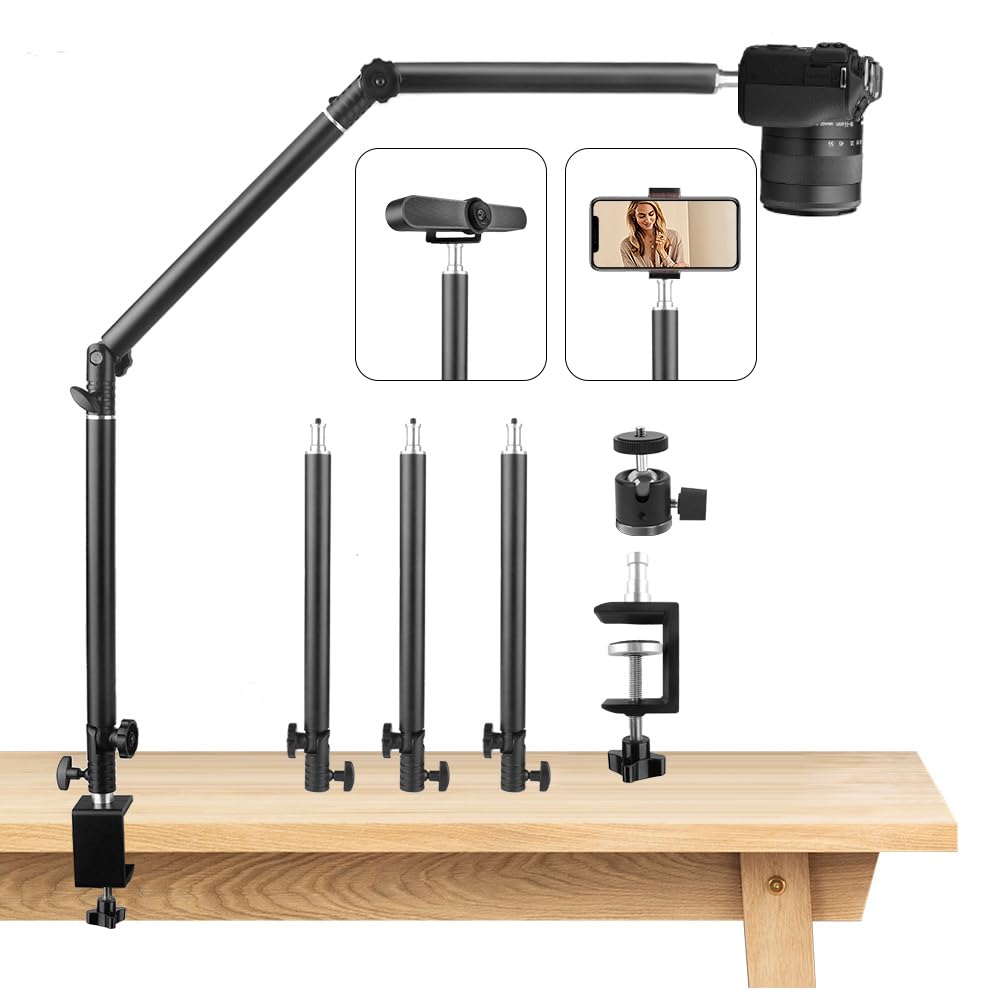 Heavy Duty Overhead Camera Desk Mount Stand 14.5-41 With 1/4 Screw, 3-Section 360Rotatable Detachable Articulating Boom Arm With