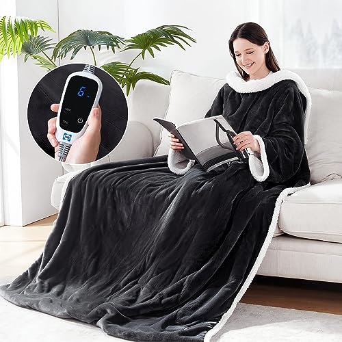 Sealy Electric Blanket Wearable with Foot Pocket, Electric Snuggle Blanket with Sleeves, Flannel & Sherpa Heating Throw wi...