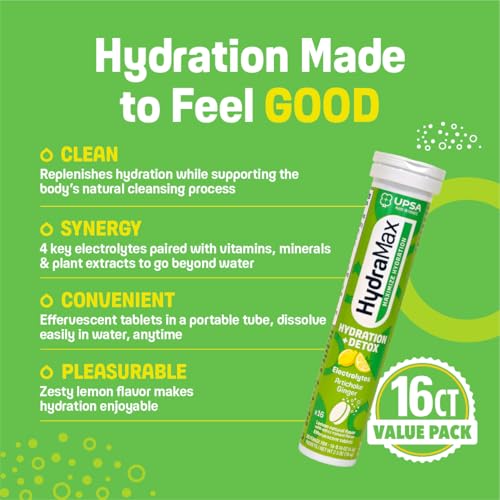 Upsa Hydramax, Hydration+Detox 16 Tablets, 4 Electrolytes, Artichoke & Ginger Extracts + Vitamin C for Natural Detox Support
