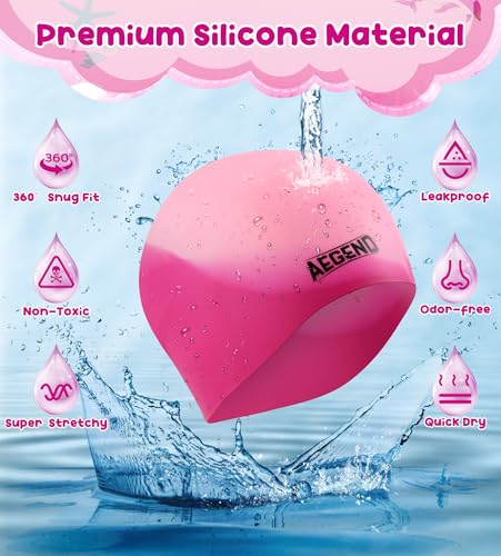 Aegend 2 Pack Kids Swim Cap for Girls Boys Age 3-15, Waterproof Durable Silicone Swimming Cap for Long or Short Hair, Comf...