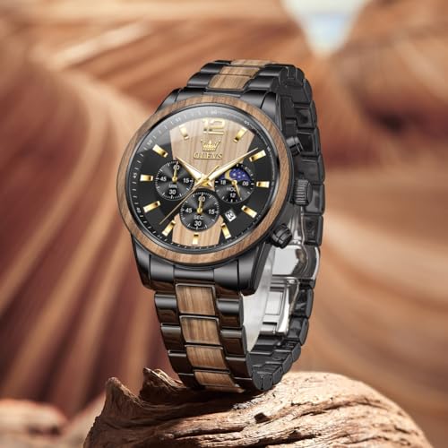 OLEVS Men Watch Blue Gold Analog Quartz Stainless Steel Waterproof Luminous Date Luxury Casual Watch