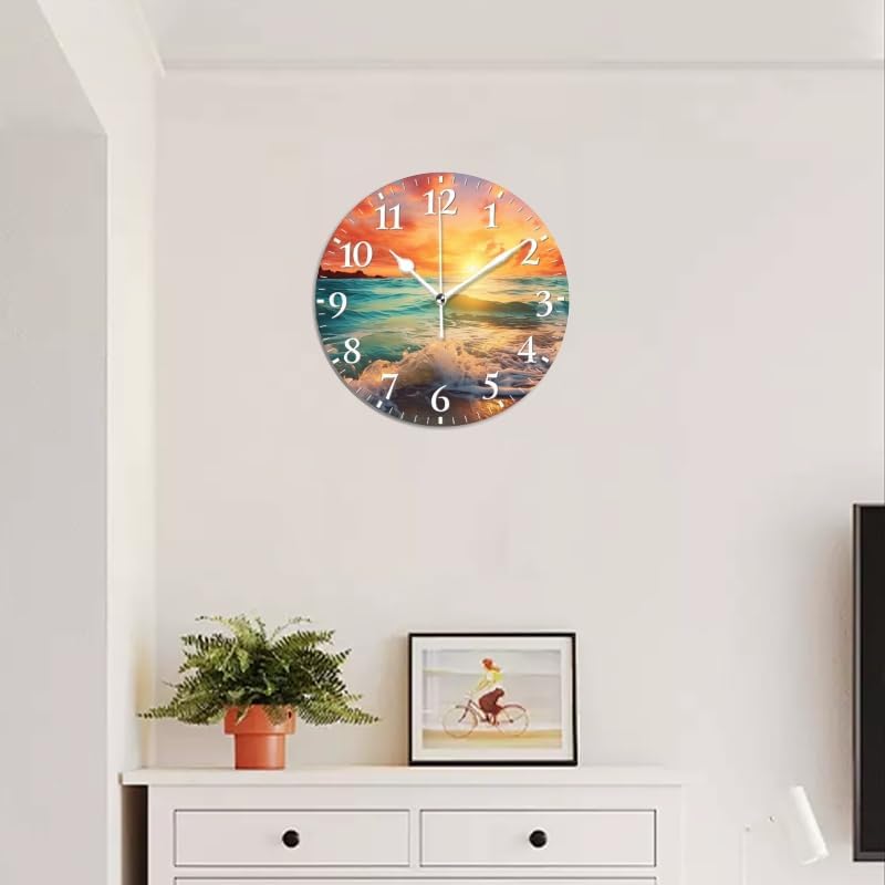 Beach Wall Clock Non-Ticking Silent Clocks Battery Operated Analog Decor Clock for Home-Beautiful Sunset Over The Ocean with Waves Crashing On The Shore(14inch)