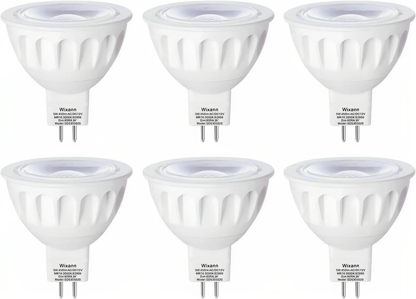 Wixann MR16 LED Bulb 5W 3000K Soft Warm White 450Lm GU5.3 Bi-Pin Base 6 Count Not Dimmable