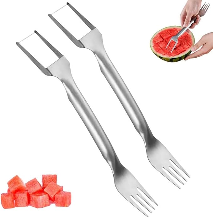 Upgraded 2-in-1 Stainless Steel Fruit Cutter, 2024 New Watermelon Fork Slicer Cutter Slicer Tool, Dual Head Fruit Forks Slicer Knife for Home Kitchen Gadget (2 Pcs)