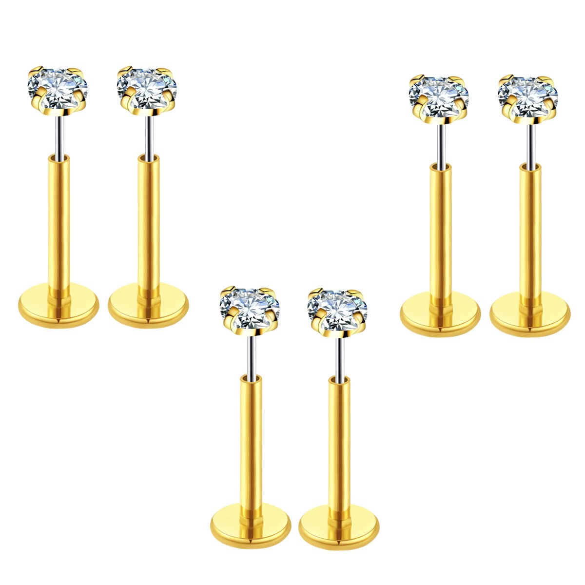 COTATI 20G Flat Back Earrings Stud Threadless Tragus Cartilage Lip Medusa Piercing Jewelry Hypoallergenic (Gold,20G 3/3/3mm CZ)