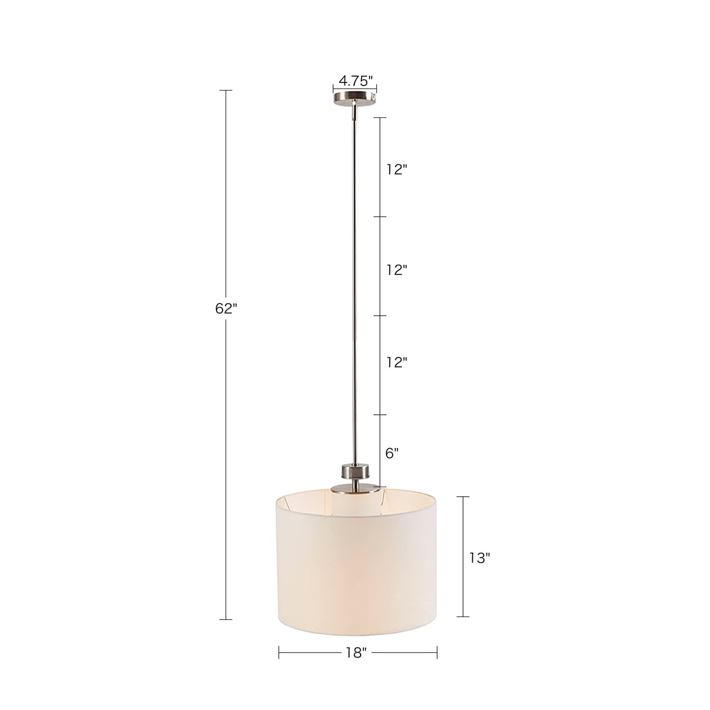 INK+IVY Pendant Light Fixture, White Drum Shade, 18in Dia x 62inH, Plated Silver, Model II151-0105
