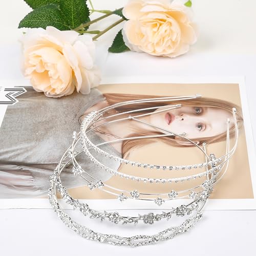 WOVOWOVO 4 Pcs Rhinestone Headbands for Women Silver Bridal Headband Crystal Flower Girl Headpiece Flower Leaf Tiara Crown...