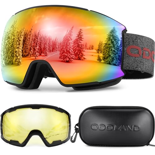 Odoland Magnetic Interchangeable Ski Goggles Set with 2 Lens, Anti-Fog UV Protection Snowboard Snow Goggles for Men Women
