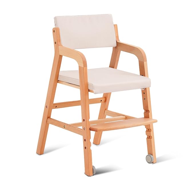 Swegrow Wooden High Chair with 2 Wheels, Adjustable Seat - Backrest - Footrest Heights, Wooden High Chair for Toddlers - Kids and Baby, Kids Dining Chair with Removable Cushion(Beige)