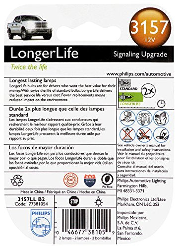 PHILIPS 3157 Longer Life Miniature Bulb, 2 Count, White