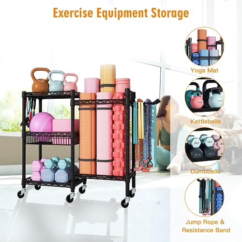 FUTASSI Home Gym Storage, 3 Tiers Workout Equipment Organizer with Wheels for Yoga Mats, Foam Roller, Dumbbells, Kettlebel...