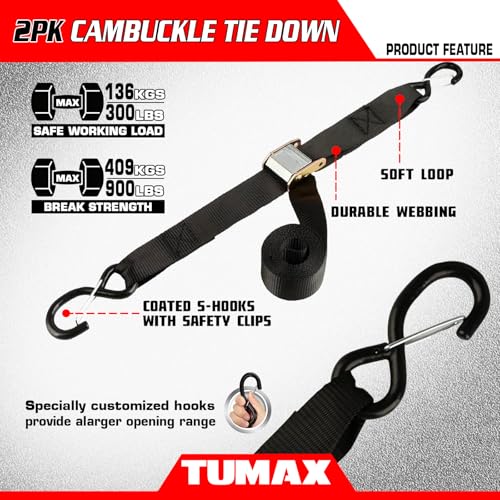 TUMAX Tie Down Strap Cambuckle Strap - 2500lbs Break Strength, 1.5 in x 8ft Cargo Straps with Safety S-Hooks, Heavy Duty C...