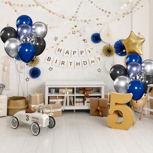 60pcs Blue and Black Balloon, 12" Navy Metallic Blue & Silver Confetti Balloons for 2025 Graduation, Father’s Day, Birthda...