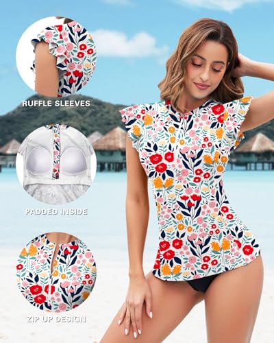 Soneven Women's Swim Shirt UPF 50+ Ruffle Sleeve Rash Guard UV Sun Protection Swimsuit Top Bathing Suit No Bottom