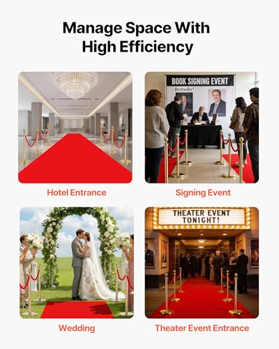 VEVOR Stanchions and Velvet Ropes 6Pcs, Hollow Base with Stainless Steel Post & 26.25ft Carpet, 4 Red Velvet Ropes, Crowd ...