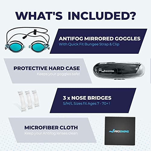 Proswims Anti-Fog Racing Swimming Goggles with Bungee Strap, Hard Case and Bonus Swim Goggles Microfiber Cleaning Cloth