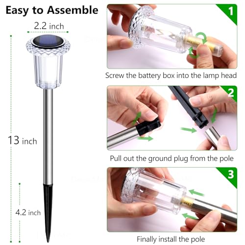 DenicMic Solar Lights Outdoor 10 Pack Waterproof 6000K Cold White LED Stainless Steel Stake Outside Lights for Yard Pathwa...