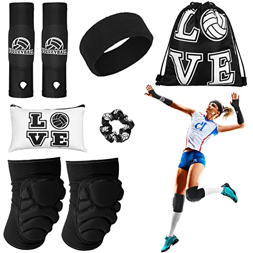 Vabean 8 Pcs Volleyball Accessories,Include Volleyball Arm Sleeves Knee Pads Sport Hair Scrunchies Sweat Band Drawstring B...