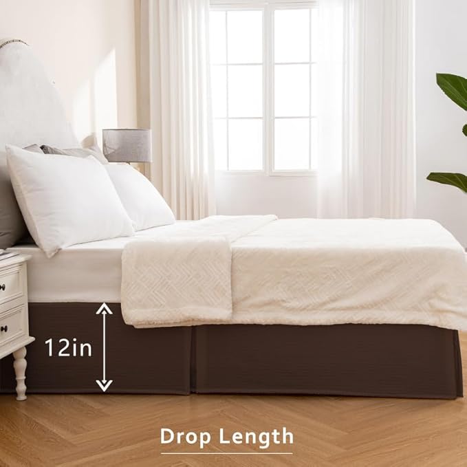 MIYE Pleated Waffle Weave Bed Skirt, Tailored Dust Ruffle 12 Inch Drop Easy Fit, Machine Washable (Brown, Queen - 12" Drop)